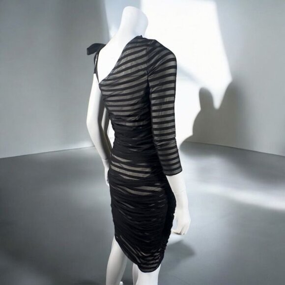 BCBGMaxAzria One Shoulder Striped Mesh Overlay Pencil Dress Black, size Medium - Picture 12 of 16